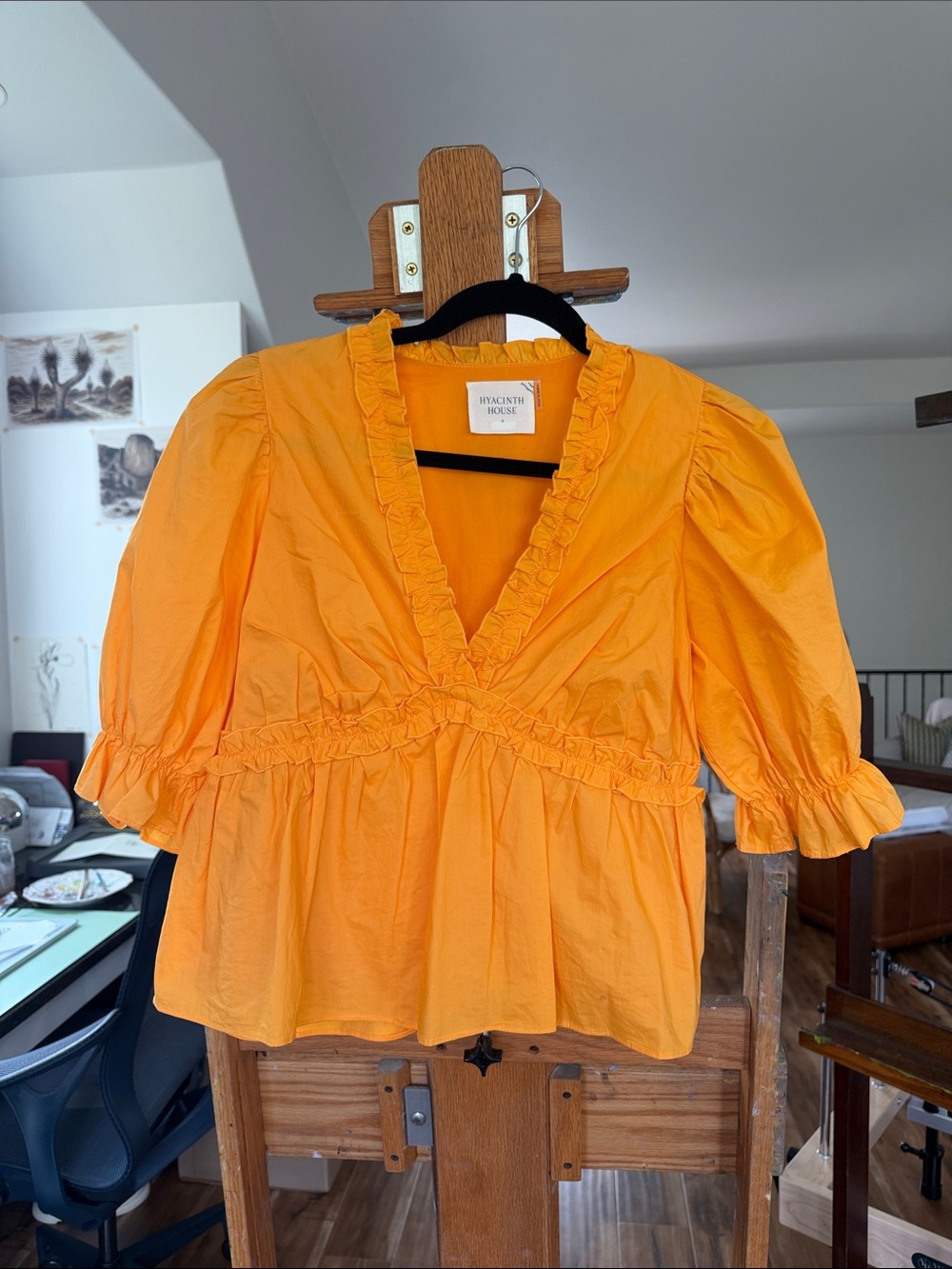 Hyacinth House Women's Bright Orange Ruffle V-Neck Peplum Blouse